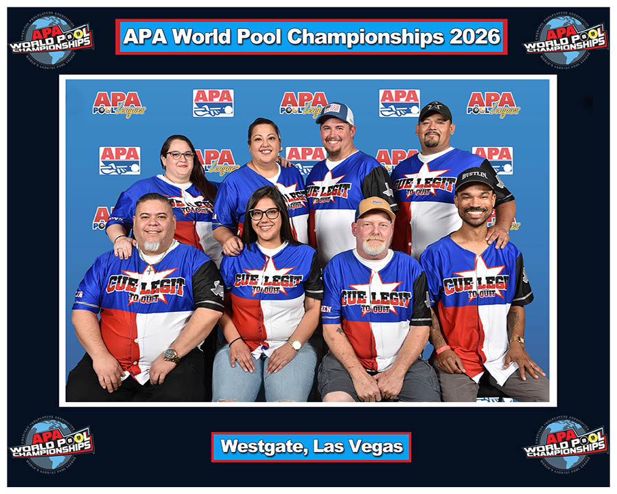 A group of eight people wearing matching blue, red, and white Cue Legit pool team shirts pose smiling in front of an APA World Pool Championships 2026 backdrop with text indicating the event is in Westgate, Las Vegas. Description generated by AI
