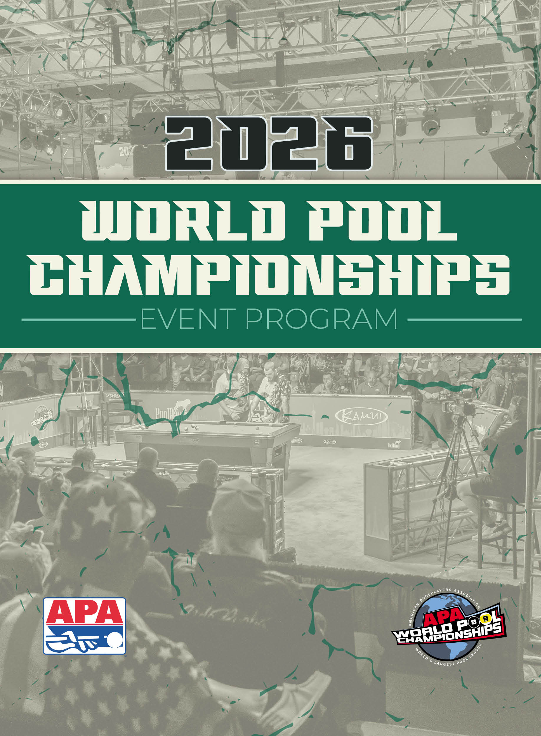 The 2026 World Pool Championships event program cover features a stylized background with people watching a pool game in a large indoor venue and logos for APA and the World Pool Championships. Description generated by AI