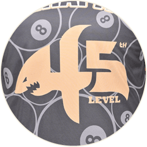 A graphic design features the number 45 stylized as a shark with sharp teeth, the word “LEVEL," and multiple 8-ball patterns in the background. Description generated by AI