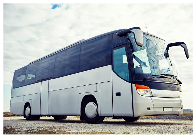 travel, tourism, road trip and passenger transport - tour bus parked outdoors