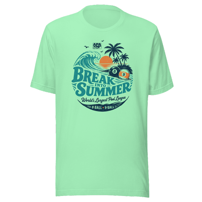 A mint green t-shirt with a vintage-style graphic featuring a wave, palm trees, a sunset, and two pool balls with the text “Break into Summer World's Largest Pool League 8-Ball 9-Ball." Description generated by AI