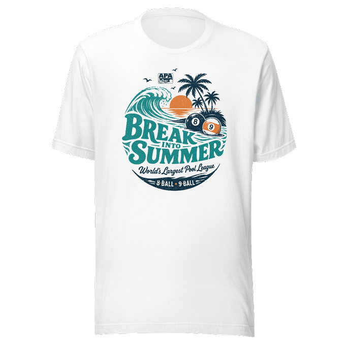 A white t-shirt with a colorful graphic featuring a wave, palm trees, a sunset, and billiard balls with the text “Break into Summer World's Largest Pool League 8-Ball 9-Ball." Description generated by AI