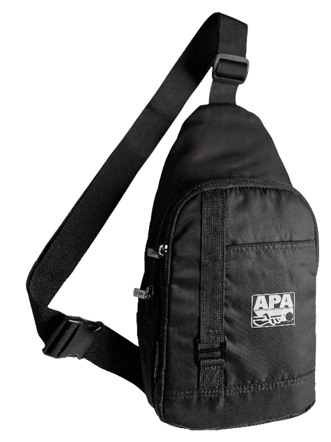 A black sling backpack with a single adjustable strap and a front pocket featuring a white logo with the letters APA. Description generated by AI