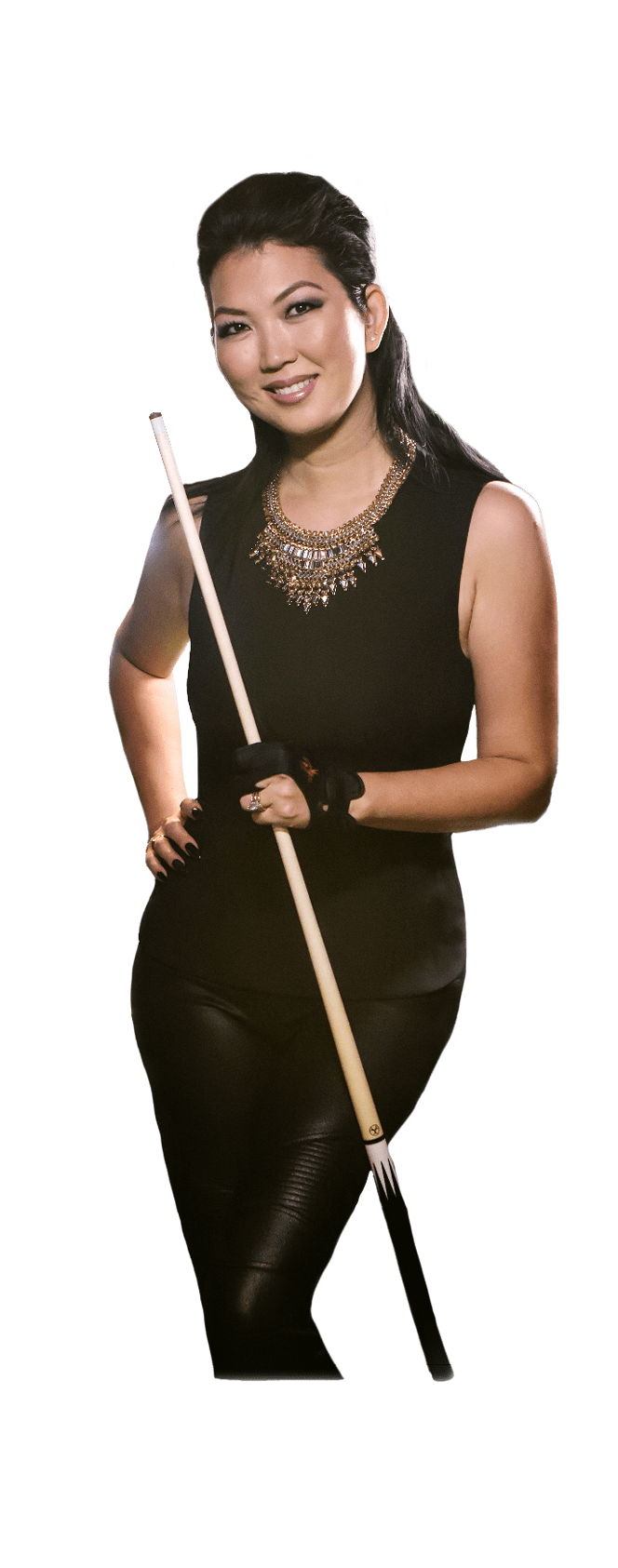 A woman in a black shirt and leather pants is holding a pool stick. AI generated content
