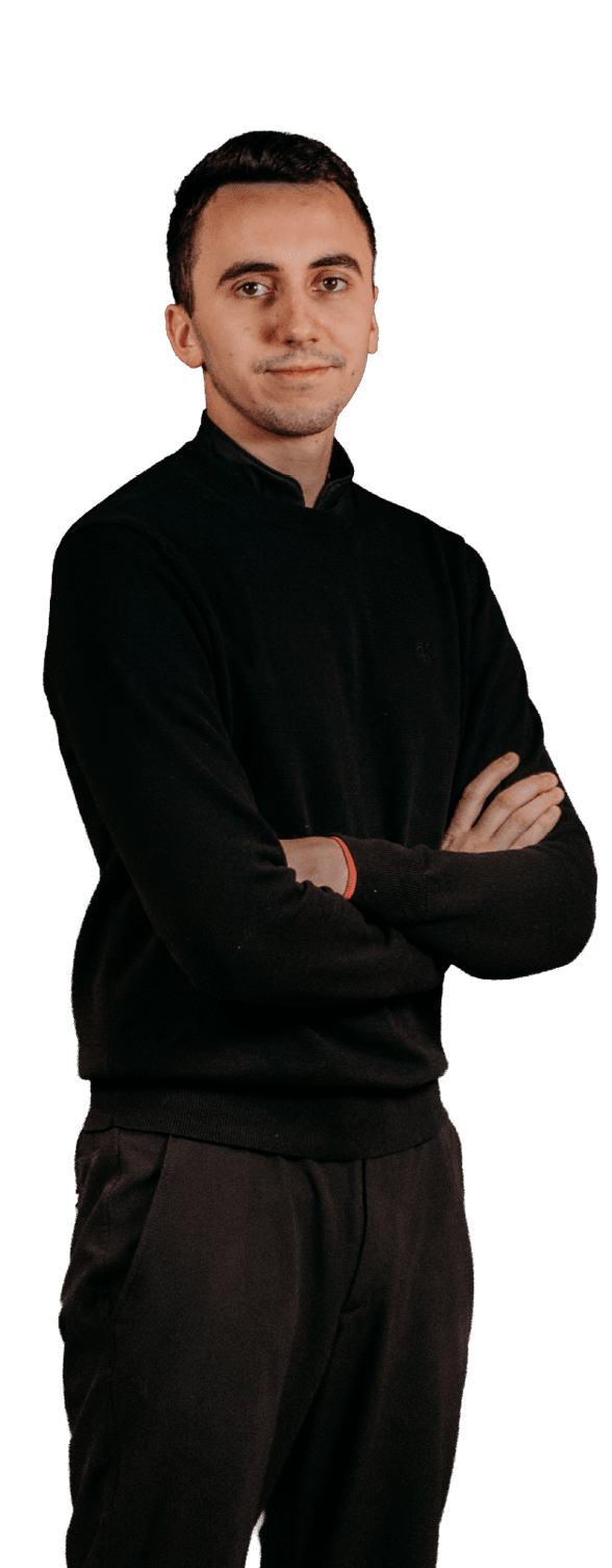 A man wearing a black shirt and black pants is standing with his arms crossed. AI generated content