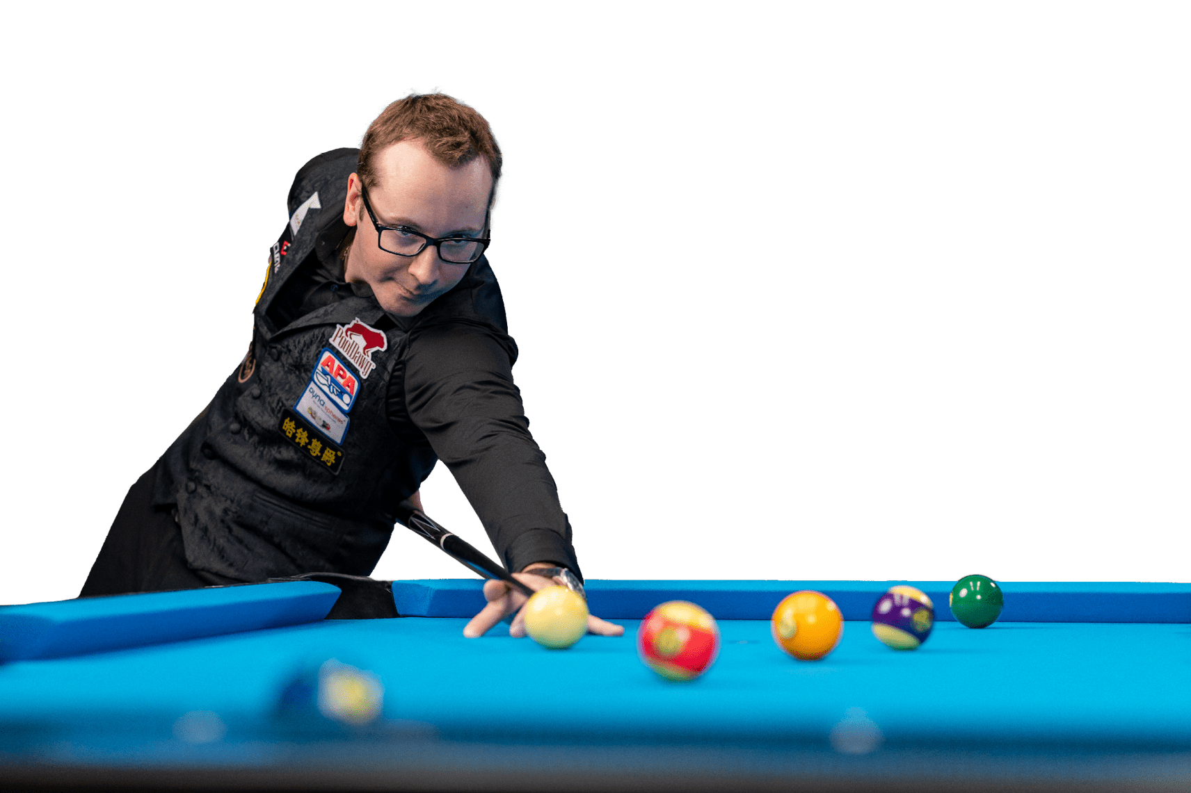 A man in a black shirt is playing pool, reaching for a yellow ball on the table. AI generated content
