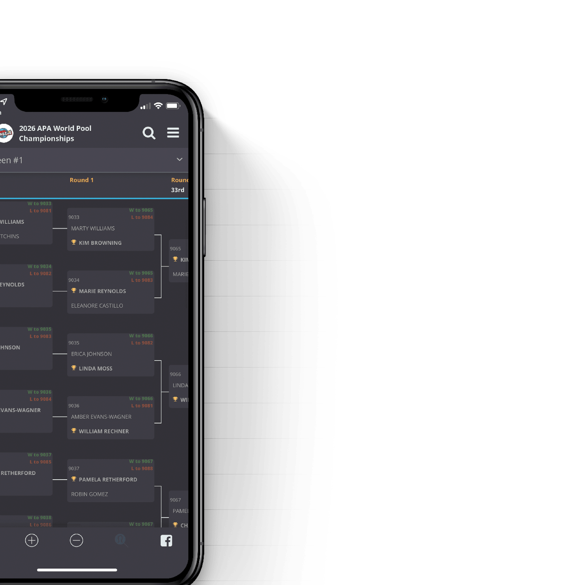A smartphone screen displays a dark-themed bracket for the 2026 APA World Pool Championships showing player names and match progress. Description generated by AI
