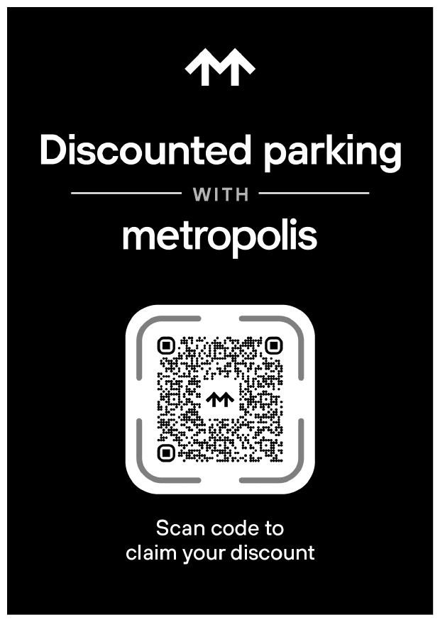 A discount parking sign with a QR code is displayed on a black background. AI generated content