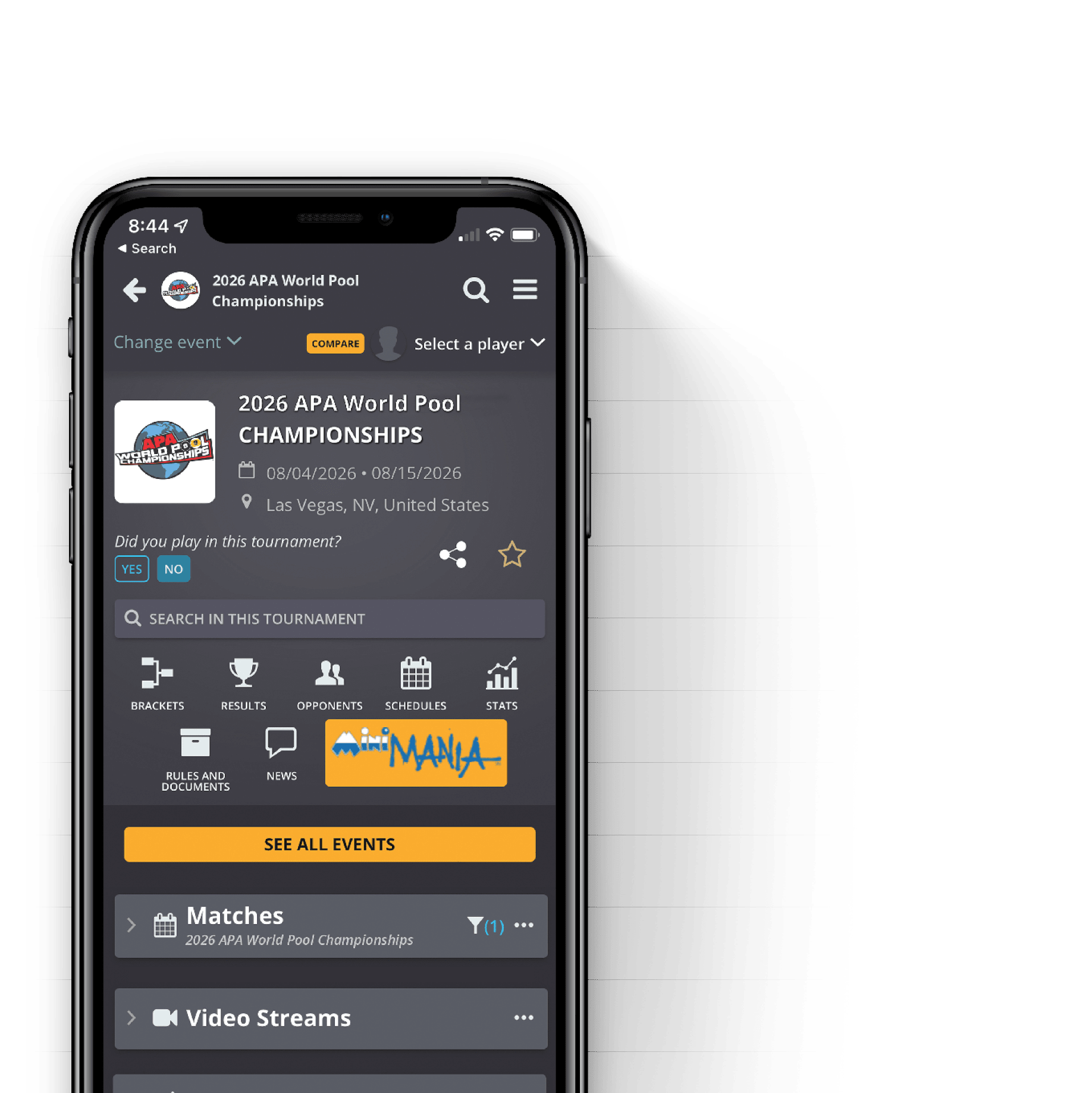A mobile phone screen displays the 2026 APA World Pool Championships event page with options to change the event, select a player, view matches, video streams, brackets, results, opponents, schedules, stats, rules, and news. Description generated by AI